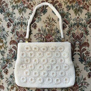 Vintage MCM White Beaded Handbag Japan Pearl Evening Purse Kiss Lock